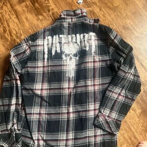 Plaid Lightweight Shirt Jacket with White Graphic - Black & Gray